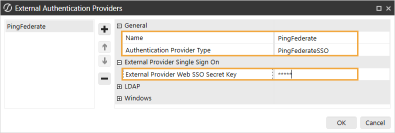 The External Authentication Providers dialog box has a blank field on the left. To the right of the blank field are four icons for plus and minus signs and up and down arrows. To the right of the icons is a grid with row headings that have a gray background with black text and can be expanded to display fields with a white background and black text. In this example, in the General section, Name and Authentication Provider Type are highlighted. In the External Provider Single Sign On Section, External Provider Web SSO Secret Key is highlighted.