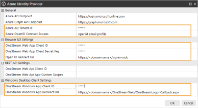 The Azure Identity Provider dialog box has a grid with row headings that have a gray background with black text and can be expanded to display fields with a white background and black text. In this example, in the General section, Azure AD Tenant Id and Azure OpenID Connect Scopes are highlighted. In the Browser UX Settings section, OneStream Web App Client ID, OneStream Web App Client Secret Key, and Open Id Redirect Url are highlighted. In the Windows Desktop Client Settings section, OneStream Windows App Client ID and OneStream Windows App Redirect Url are highlighted.