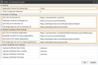 The SAML 2.0 Identity Provider dialog box has a grid with row headings that have a gray background with black text and can be expanded to display fields with a white background and black text. In this example, in the General section, Application Server Pre-Shared Key is highlighted. In the Browser UX Settings section, ACS URL for Browser UX, Metadata Content for Browser UX, IdP Entity ID for Browser UX, and IdP Single Sign-On URL for Browser UX are highlighted. In the Windows Desktop Client Settings section, ACS URL for Windows Application, Metadata Content for Native Applications, IdP Entity ID for Native Applications, and IdP Single Sign-On URL for Native Applications are highlighted.