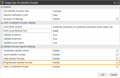 The Single Sign On Identity Provider dialog box has a grid with row headings that have a gray background with black text and can be expanded to display fields with a white background and black text. In this example, in the Identity Provider Specific Settings section, the PingFederate Identity Provider option is highlighted.