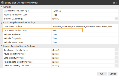 The Single Sign On Identity Provider dialog box has a grid with row headings that have a gray background with black text and can be expanded to display fields with a white background and black text. In this example, in the OIDC Compliant Provider Settings section, the ODIC Local Redirect Port field displays 8080.