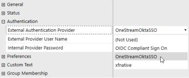The System Security user configuration page has a grid with row headings that have a gray background with black text and can be expanded to display fields with a white background and black text. Under the Authentication row heading, the External Authentication Provider drop-down menu is selected displaying the available options for this example.