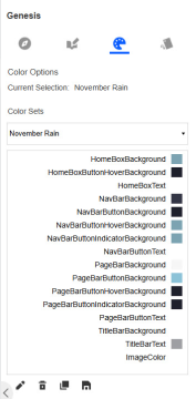 The Color Options pane displays the current color set selection, a drop-down menu with color sets available, a list of colors and the location they display in the home box, navigation bar, page bar, title bar, and image, and a toolbar.