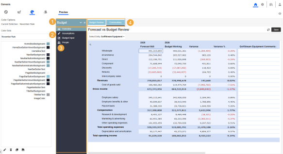 1. Home box is a drop-down menu of Application Groups. 2. Navigation bar is a vertical column below the home box that displays the Navigation Groups in the selected Application Group. 3. Images are icons that display next to the items in the navigation bar or page bar. 4. Page bar is a horizontal row to the right of the home box that displays the Pages in the selected Navigation Group.