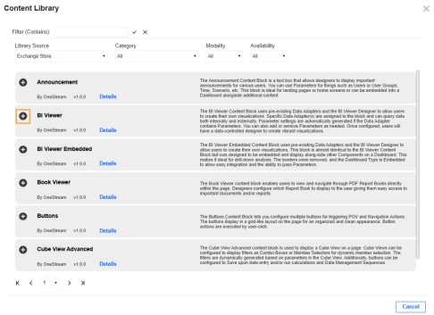 Filter options are listed at the top for library source, category, modality, and availability and a blank field. Then, Content Blocks are listed. On the left is the Add this Content Package button, which is a plus sign icon. To the right is the name of the Content Block, a Details link to click for more information, and a description. In this example, BI Viewer is selected. Cancel button is below and has a white background with blue text.