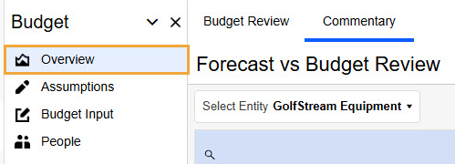In the navigation bar, the Navigation Group Overview is selected. Pages Budget Review and Commentary are listed to the right in the page bar.