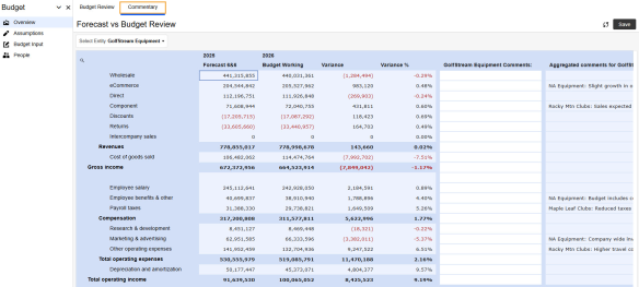 In the page bar, the Page Commentary is selected. The Forecast vs Budget Review financial data displays in a grid.