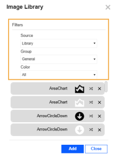 The Image Library dialog box has three drop-down menus for Source, Group, and Color. 