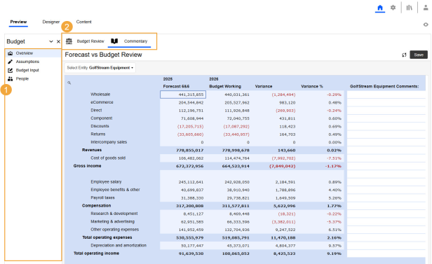 1. Navigation bar is a vertical column below the home box that displays the Navigation Groups in the selected Application Group. In this example, each Navigation Group has an image to the left of the name. 2. Page bar is a horizontal row to the right of the home box that displays the Pages in the selected Navigation Group. In this example, each Page has an image to the left of the name.