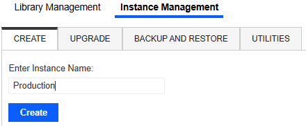 Enter Instance Name field has an example name, Production. Create button is below and has a blue background with white text.