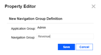 The Navigation Group field has the example Revenue. Save and Cancel buttons are at the bottom. Save has a blue background with white text, and Cancel has a white background with blue text.