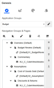 The left pane displays a drop-down menu for Application Groups. For Navigation Groups and pages, there is a horizontal toolbar, a navigation tree with Navigation Groups, associated Pages, and associated content items, and a vertical toolbar.