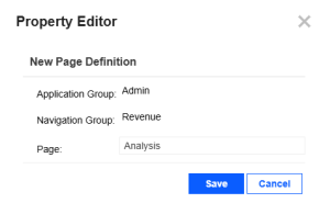 The Page field has the example Analysis. Save and Cancel buttons are at the bottom. Save has a blue background with white text, and Cancel has a white background with blue text.