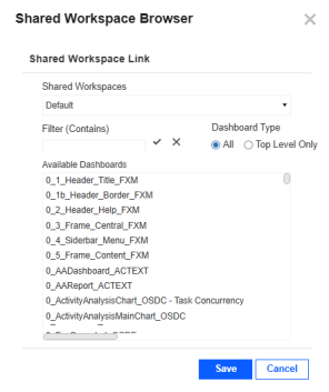 Filter options are listed at the top for shared Workspace, a blank field, and dashboard type. Then, the Available Dashboards list displays options to select. Save and Cancel buttons are at the bottom. Save has a blue background with white text, and Cancel has a white background with blue text.