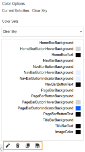 Color Options pane toolbar is a row of icons. Edit the Selected ColorSet button is a pencil icon. Delete the Selected ColorSet button is a trash bin icon. Copy the Selected ColorSet button is a stack of documents icon. Apply Selected ColorSet to Application Foundation button is a floppy disk icon.