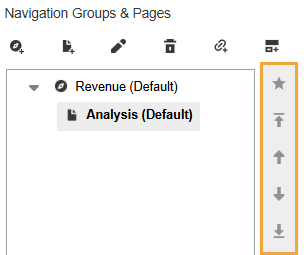 The Navigation Groups & Pages vertical toolbar is a column of icons. Set as Default button is a star icon. Move To First button is an arrow icon pointing up with a horizontal line above. Move Up button is an arrow icon pointing up. Move Down button is an arrow icon pointing down. Move To Last button is an arrow icon pointing down with a horizontal line below.