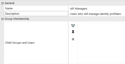 The Create Group page has a grid with row headings that have a gray background with black text and can be expanded to display fields with a white background and black text. This example displays the Name, Description, and Child Groups and Users fields. The Name field has the example text: IdP Managers. The Description field has the example text: Users who will manage identity providers.