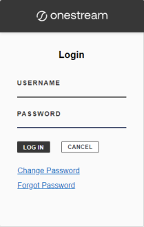 The Login dialog box has a black banner at the top with the OneStream logo and fields for the username and password. There are two rectangular buttons for log in and cancel. The log in button has a black background, and the cancel button has a white background. There are links that can be selected to change a password or reset a forgotten password.