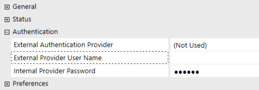 The System Security user configuration page has a grid with row headings that have a gray background with black text and can be expanded to display fields with a white background and black text. Under the Authentication row heading, the External Authentication Provider field has (Not Used) selected, and the External Provider User Name field is blank.