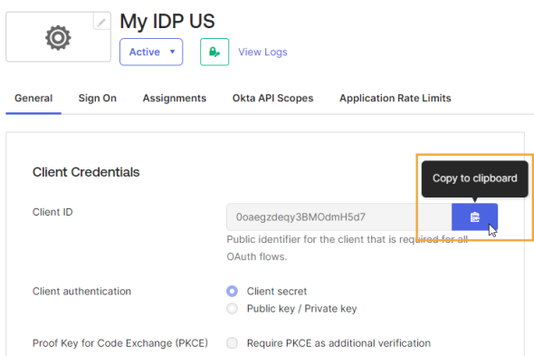 The application screen has a row of tabs that can be selected at the top of the screen. In the General tab, this example highlights the Client ID and CLIENT SECRETS options to Copy to clipboard.
