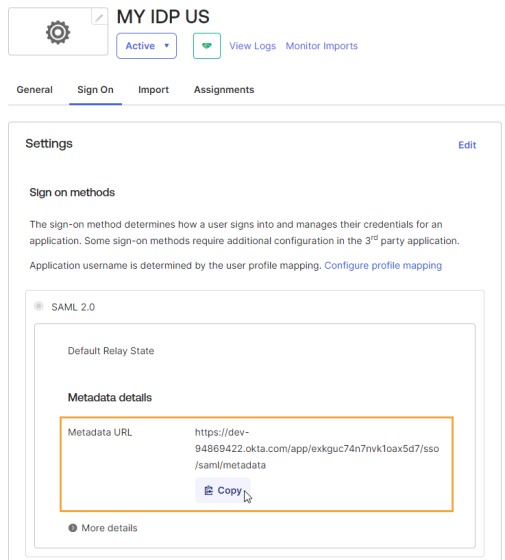 The application screen has a row of tabs that can be selected at the top of the screen. In the Sign on tab, this example highlights the Metadata URL and Copy button.