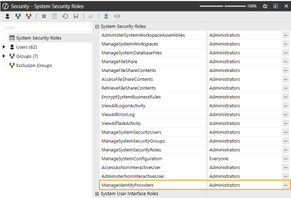 The System Security Roles page has a grid with row headings that have a gray background with black text and can be expanded to display fields with a white background and black text. This example highlights the role ManageIdentityProviders and an ellipsis next to the role.