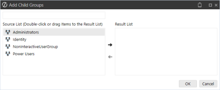 The Add Child Groups dialog box displays the list of child groups on the left of the screen as the Source List. Instructions explain that you can double-click or drag items to the right of the screen to add them to the Result List. There is also a field at the top of the screen that can be used to search for a specific child group.