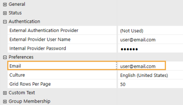 The System Security user configuration page has a grid with row headings that have a gray background with black text and can be expanded to display fields with a white background and black text. Under the Preferences row heading, the Email field is highlighted in this example.