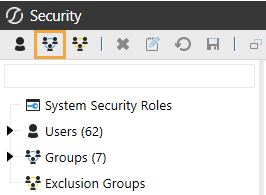 The security page has a toolbar row at the top of the page with icons. The Create Group icon is highlighted. It has the silhouettes of three users with a blue circle connecting them as a group.