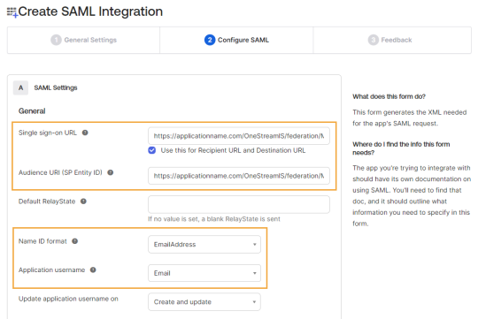 The Configure SAML tab on the Create SAML Integration page has sections listed to the left with a list of fields and drop-down menus to the right. This example highlights the Single sign-on URL field, the Audience URI (SP Entity ID) field, the Name ID format drop-down menu, and the Application username drop-down menu.