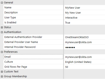 The System Security user configuration page has a grid with row headings that have a gray background with black text and can be expanded to display fields with a white background and black text. Under the Authentication row heading, the External Authentication Provider field has an Okta identity provider selected.