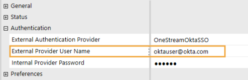 The System Security user configuration page has a grid with row headings that have a gray background with black text and can be expanded to display fields with a white background and black text. Under the Authentication row heading, the External Provider User Name field has an email address.