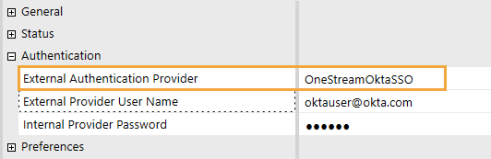 The System Security user configuration page has a grid with row headings that have a gray background with black text and can be expanded to display fields with a white background and black text. Under the Authentication row heading, the External Authentication Provider field has an Okta identity provider selected.