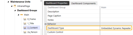 The Dashboard Properties tab is open and the Dashboard Type is set to Embedded Dynamic Repeater which is boxed with yellow highlight