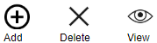 The add icon is a plus sign in a circle, flat design style. The delete icon is an X flat design style. The view icon is an eye flat design style.