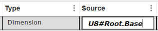 Dimension type is selected and the Source field is populated with a sample dimension, U8#Root.Base