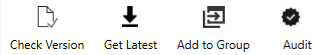 The Check Version icon is a page with a checkmark, flat design style. The Get Latest icon is a downward boxed arrow, flat design style. The Add to Group icon is a square with an arrow, flat design style. The Audit icon is a star with a checkm