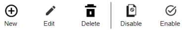 The New icon is a circle with a plus sign inside, flat design style. The Edit icon is a pencil, flat design style. The delete icon is a trash can, flat design style. The Disable icon is a page, flat design style. The Enable icon is a circle with a checkmark inside, flat design style.
