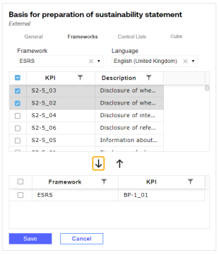 Two framework KPIs are selected and the add button is an arrow boxed with yellow highlight. 
