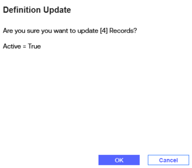 The Definition Update slide-out panel displays a confirmation message