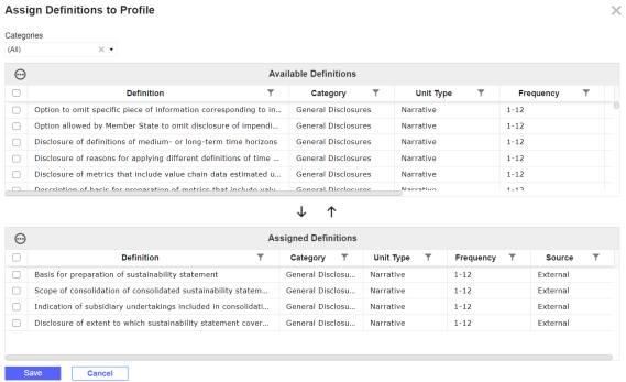 Assigned definitions display in the Assigned Definitions grid and available definitions display aboce in the Available Definitions grid