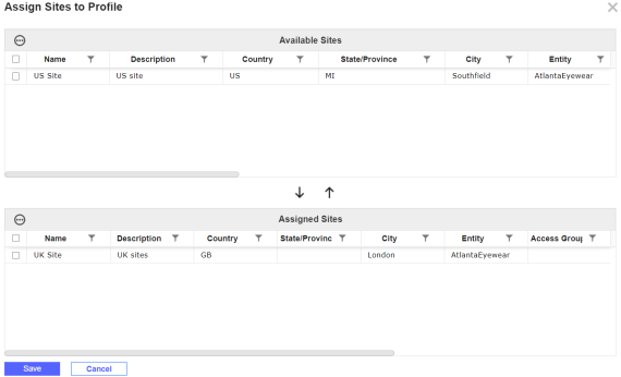 Available sites display in the top grid and assigned sites display in the borrom grid.