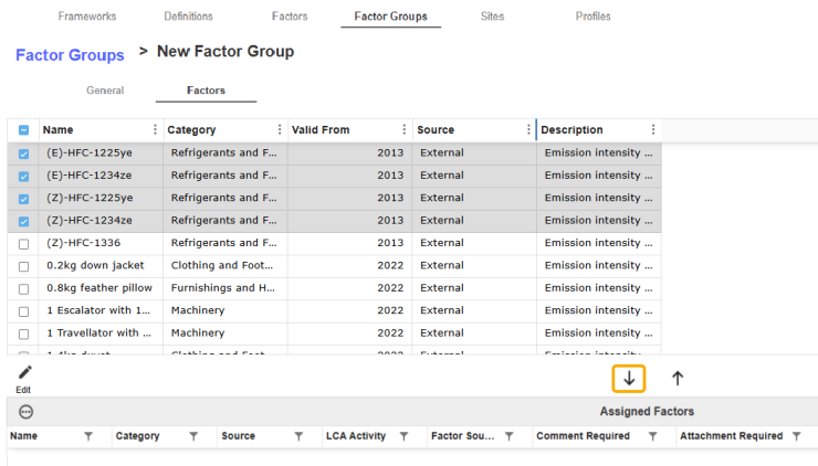Factors are highlighted in the grid and the Add Factor button down arrow is outlined