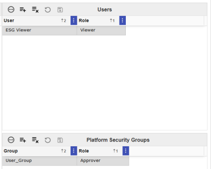 The Users grid has a sample user assigned to the Viewer role. The Platform Security Groups field has a sample user group assigned to the Approver role.