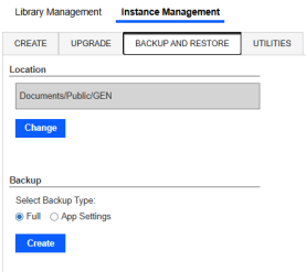 Select Backup Type has two options with radio buttons: Full and App Settings. Create button is below and has a blue background with white text.