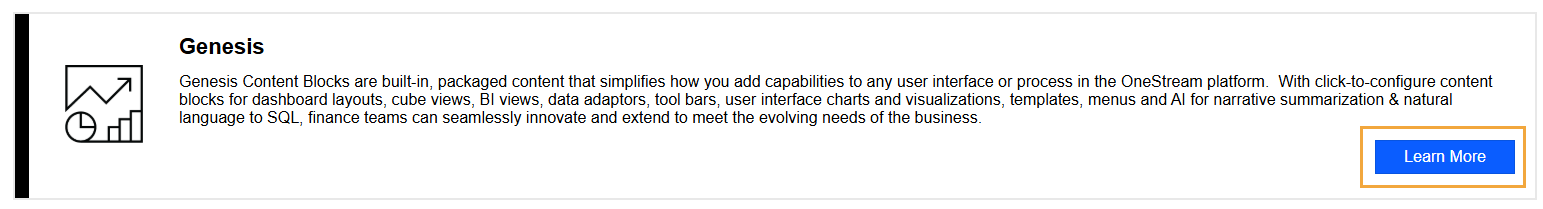 Genesis tile includes an icon of a pie chart, bar graph, and line graph and a description of Genesis. Learn More button in the lower right is a rectangle with a blue background and white text.