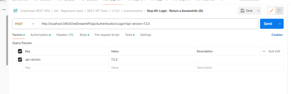 The Params tab is selected, and api-version is added as a key with a value of 7.2.0.