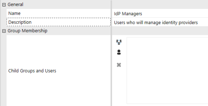 The Create Group page has a grid with row headings that have a gray background with black text and can be expanded to display fields with a white background and black text. This example displays the Name, Description, and Child Groups and Users fields. The Name field has the example text: IdP Managers. The Description field has the example text: Users who will manage identity providers.