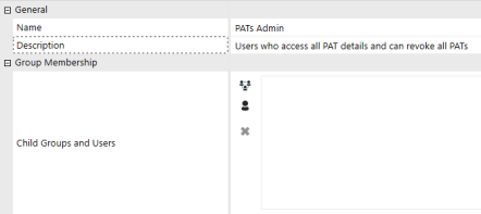 The Create Group page has a grid with row headings that have a gray background with black text and can be expanded to display fields with a white background and black text. This example displays the Name, Description, and Child Groups and Users fields. The Name field has the example text: PATs Admin. The Description field has the example text: Users who access all PAT details and can revoke all PATs.