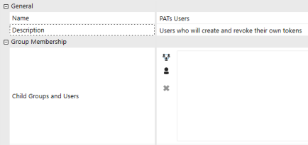 The Create Group page has a grid with row headings that have a gray background with black text and can be expanded to display fields with a white background and black text. This example displays the Name, Description, and Child Groups and Users fields. The Name field has the example text: PATs Users. The Description field has the example text: Users who will create and revoke their own tokens.